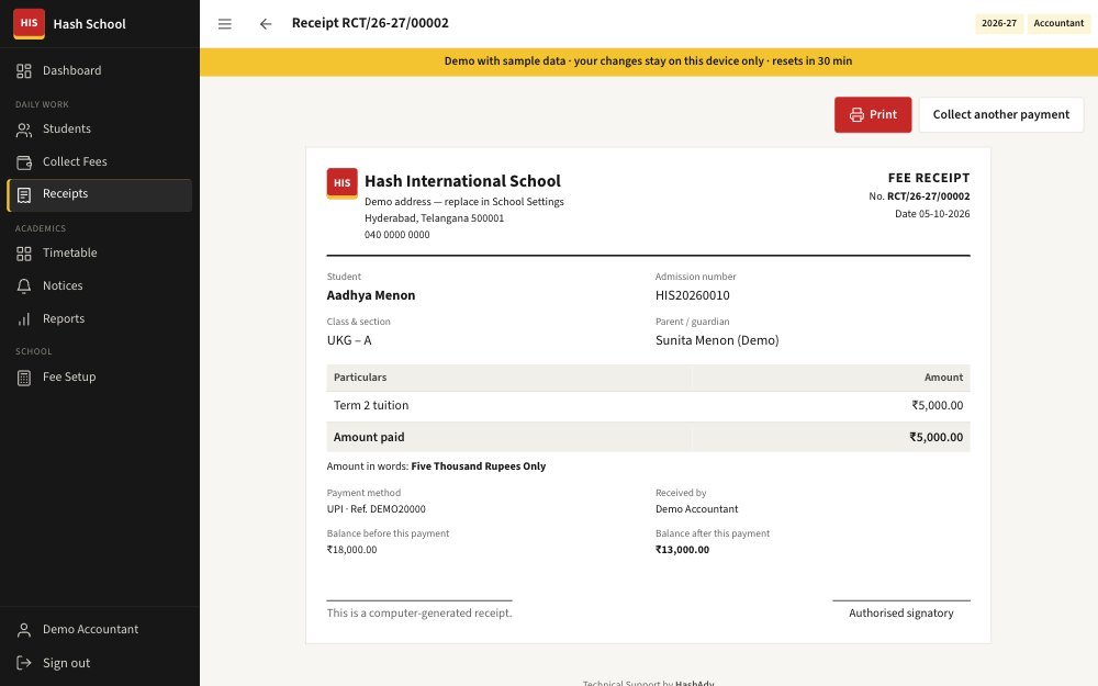 School ERP — A printable receipt, instantly