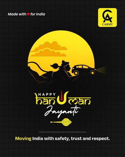 Carmy Hanuman Jayanti festive social media post with a cab and yellow sun illustration