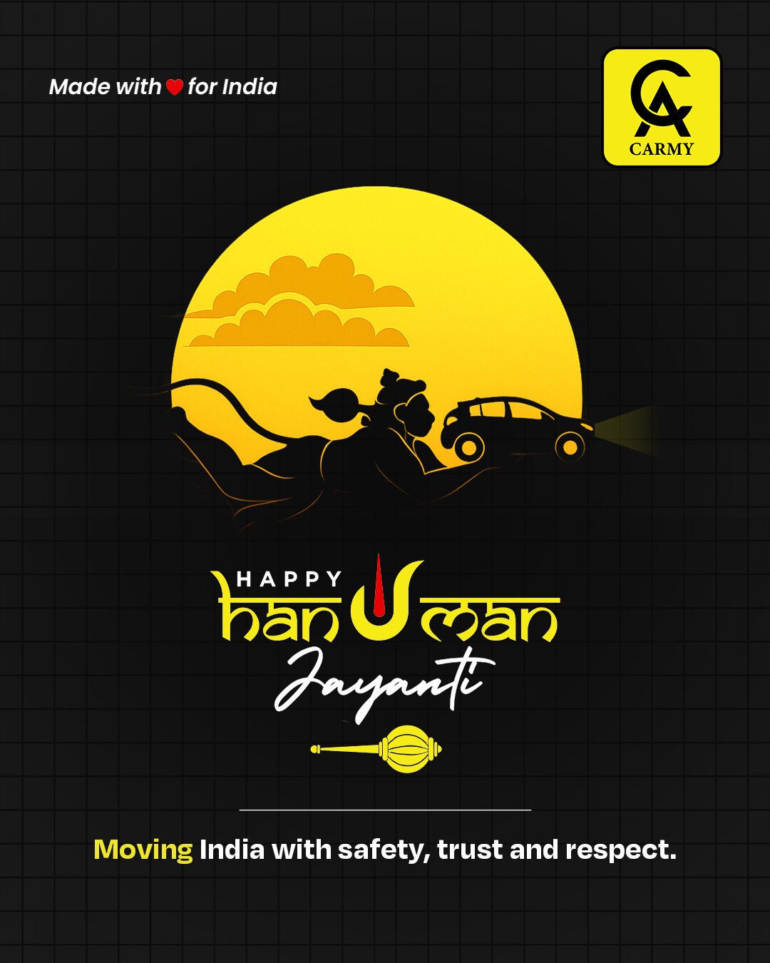 Carmy Hanuman Jayanti festive social media post with a cab and yellow sun illustration