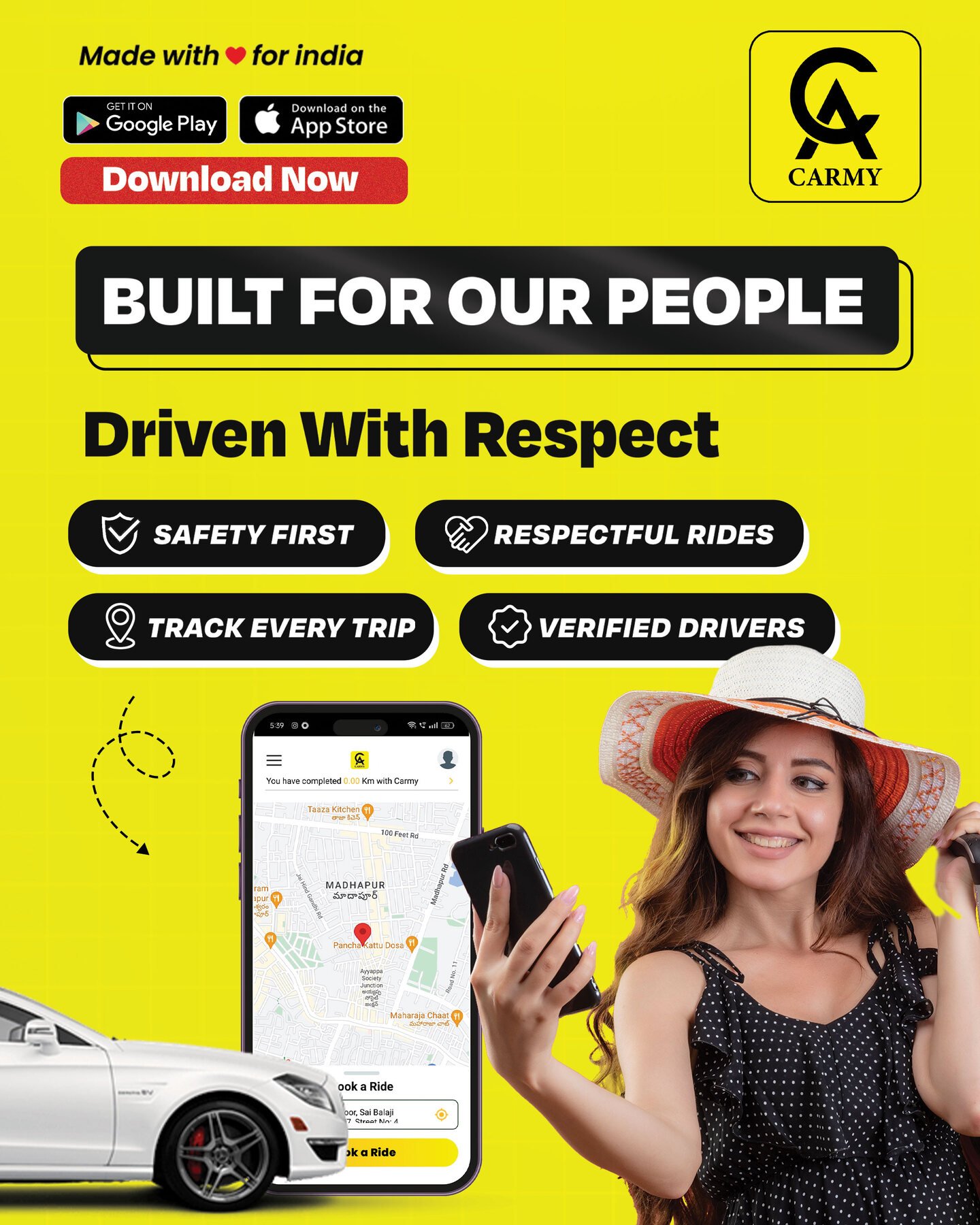 Carmy rider flyer in English, Built for our people, Driven with respect, with safety and verified drivers