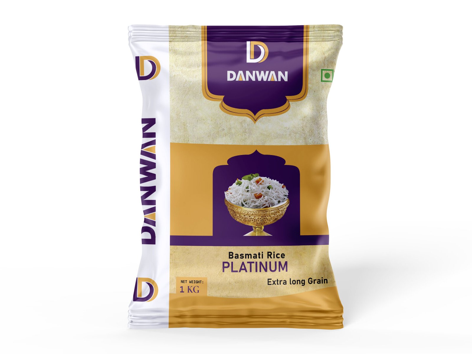 Danwan Platinum basmati rice 1 kg pouch packaging design in purple and gold