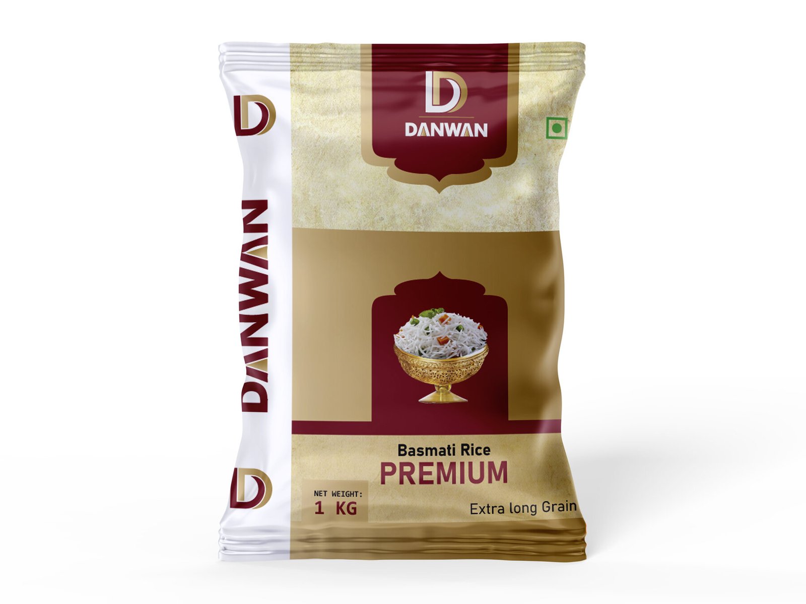 Danwan Premium basmati rice 1 kg pouch packaging design in maroon