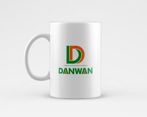 White coffee mug with the Danwan logo
