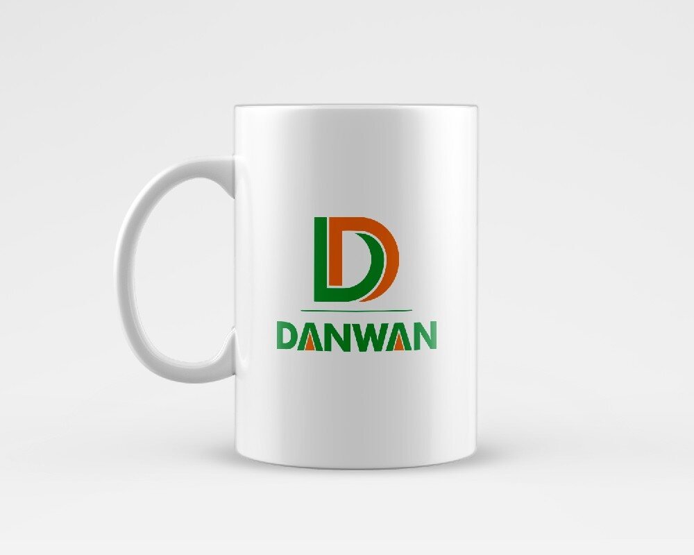 White coffee mug with the Danwan logo