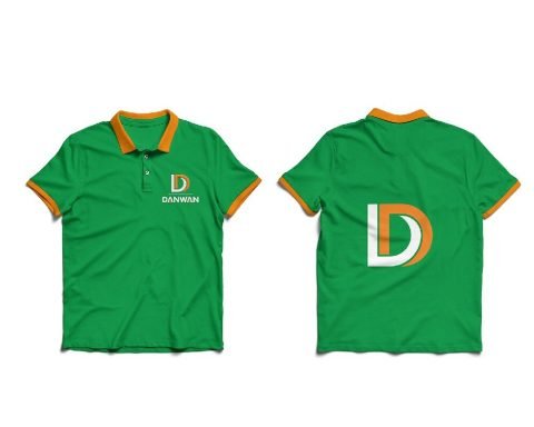 Danwan green polo T-shirt uniform with orange collar, front and back
