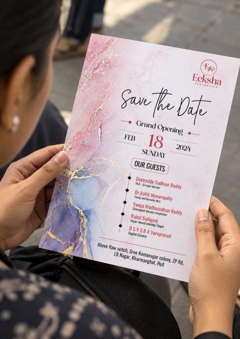 Printed Eeksha Aesthetics save-the-date grand opening invite held in hand