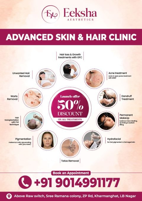 Eeksha Aesthetics advanced skin and hair clinic pamphlet with 50 percent launch offer and treatment list