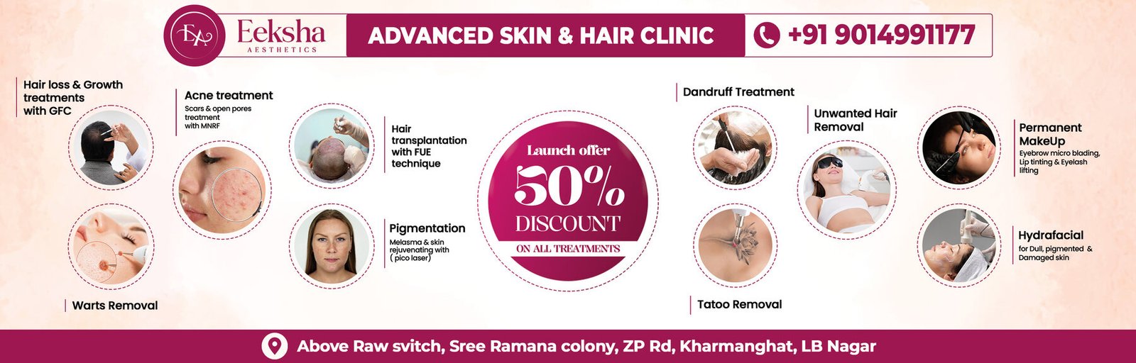 Eeksha Aesthetics wide flex banner showing skin and hair treatments and launch discount