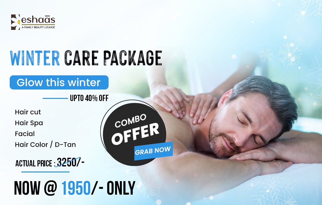 Eshaas winter care combo offer billboard with a relaxing massage visual
