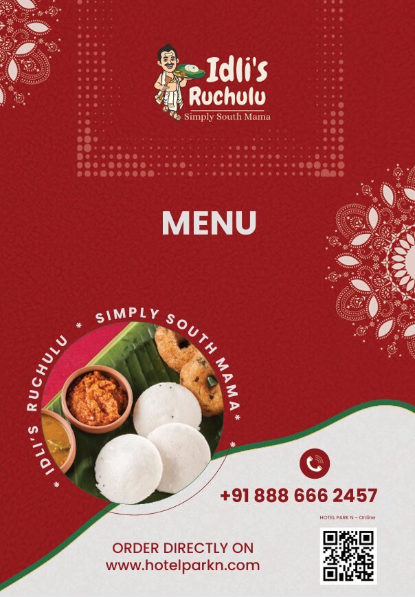 Idli's Ruchulu menu cover with idli and chutney on banana leaf and order QR code