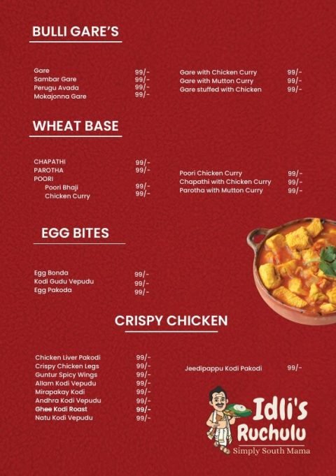 Idli's Ruchulu menu page listing bulli gare, wheat base, egg bites and crispy chicken