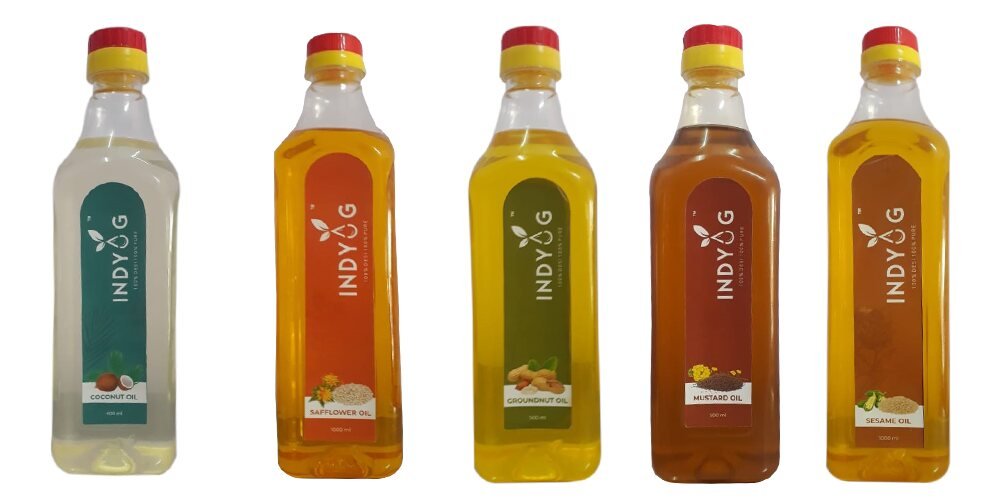 Indyog cold pressed oil 1 litre bottle range of five oils