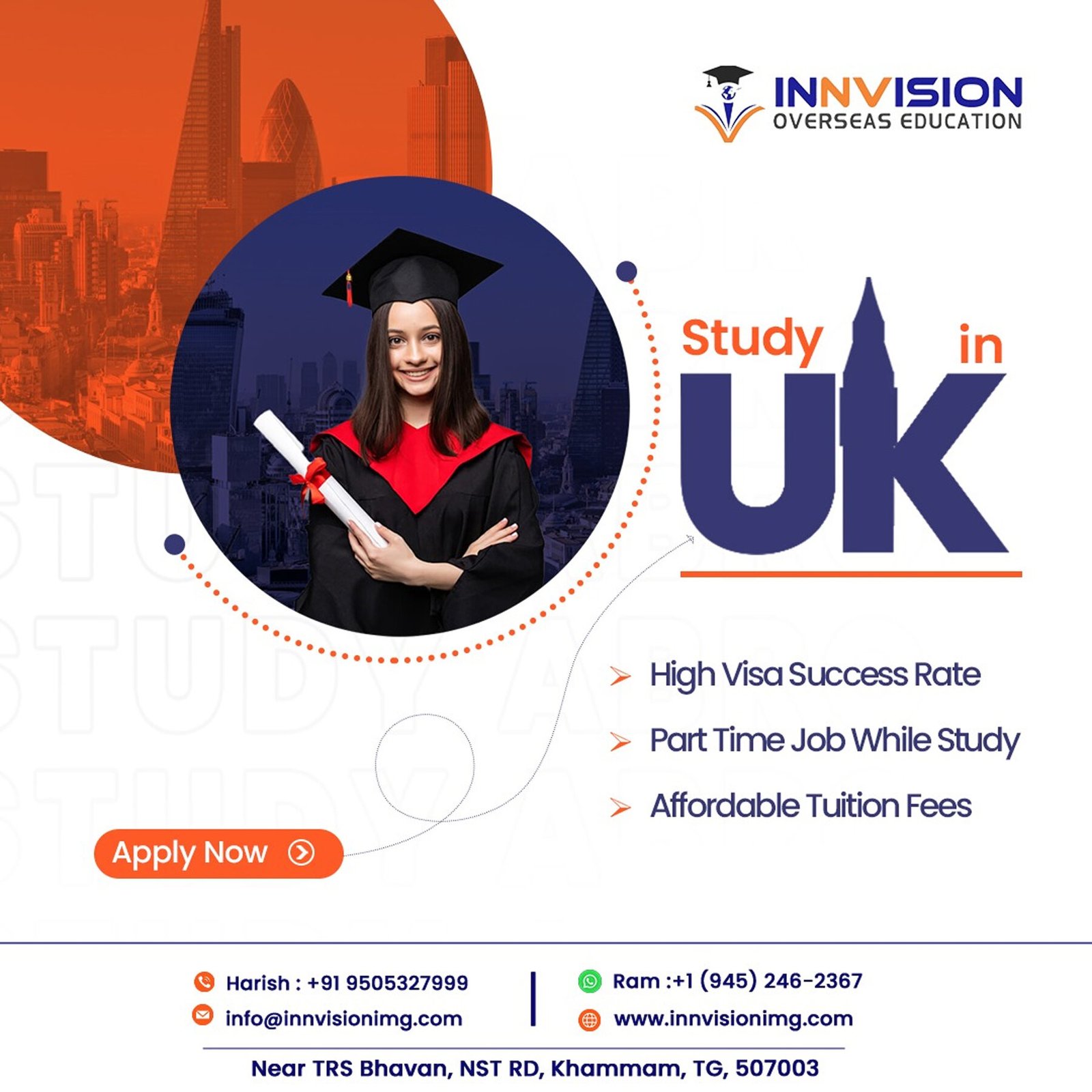 Innvision Study in UK social media ad with high visa success rate and part-time jobs