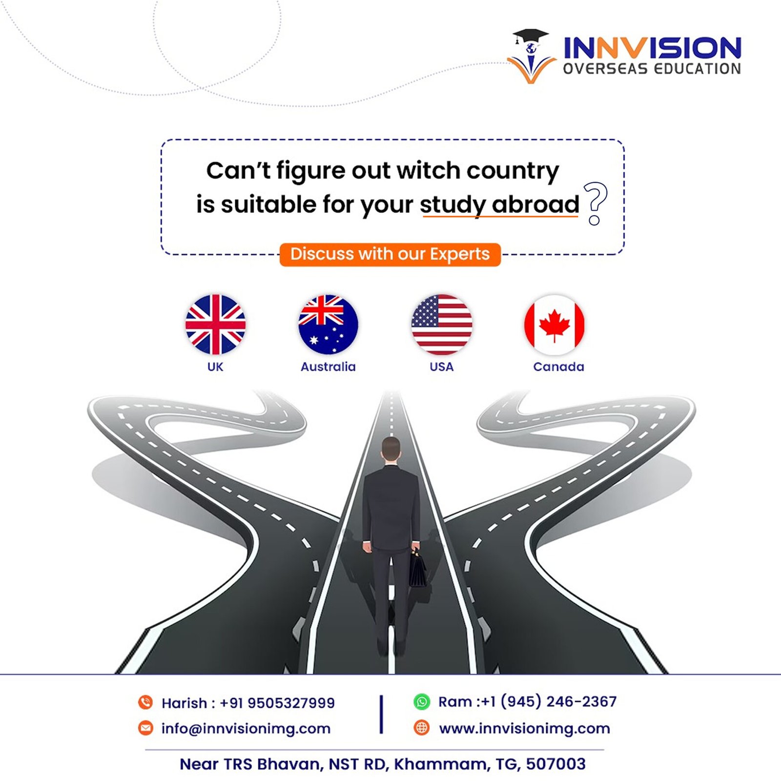 Innvision post with UK, Australia, USA and Canada flags and a student at a crossroads
