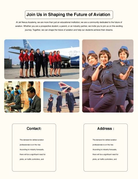 Jet Nexus newsletter closing page with cabin crew photos, contact and address