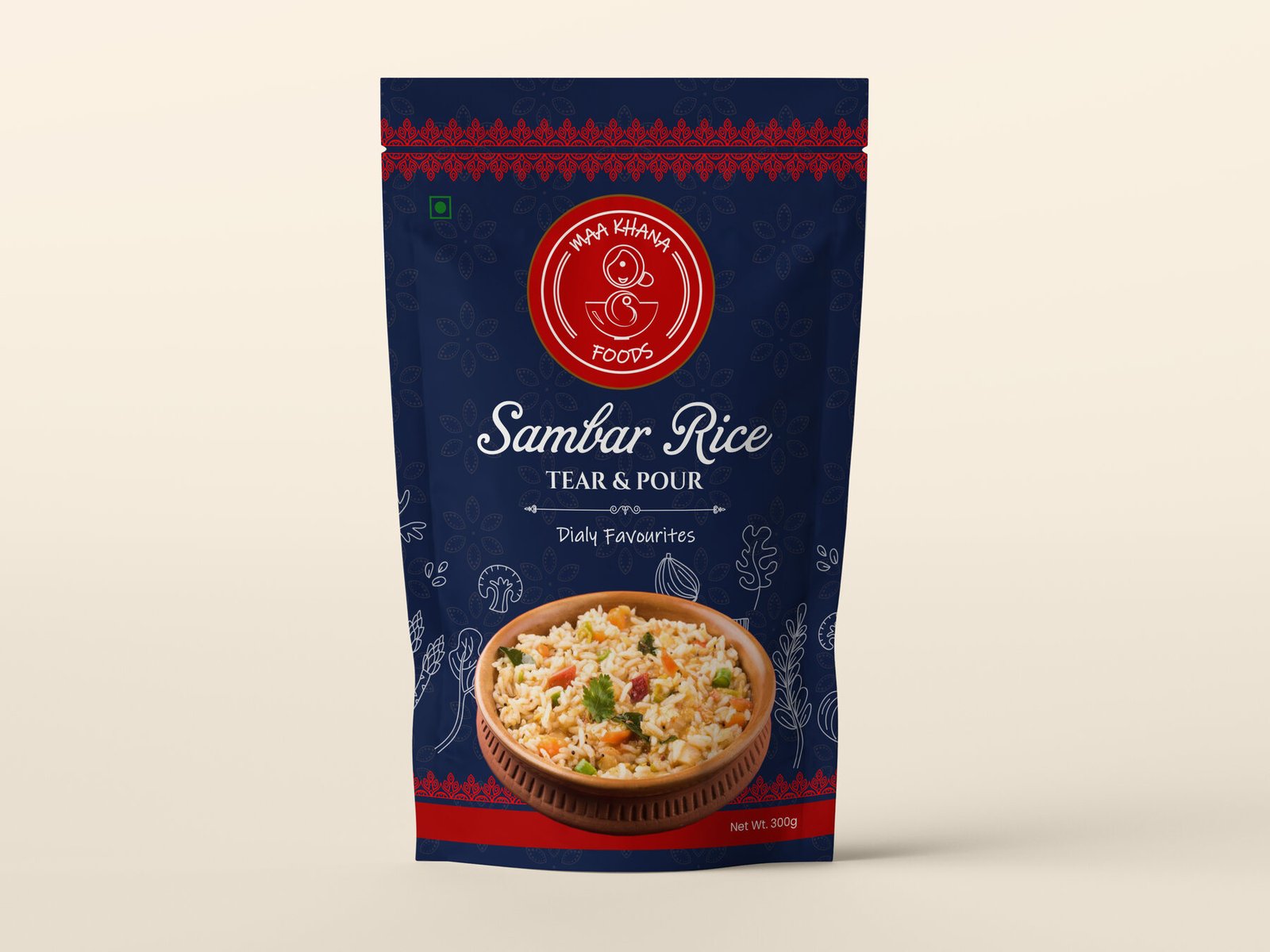 Maa Khana Foods sambar rice pouch with indigo traditional border and clay bowl