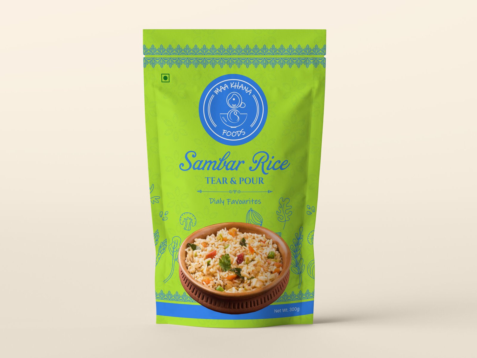 Maa Khana Foods sambar rice pouch in parrot green with blue logo