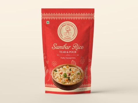 Maa Khana Foods sambar rice pouch in red with cream logo