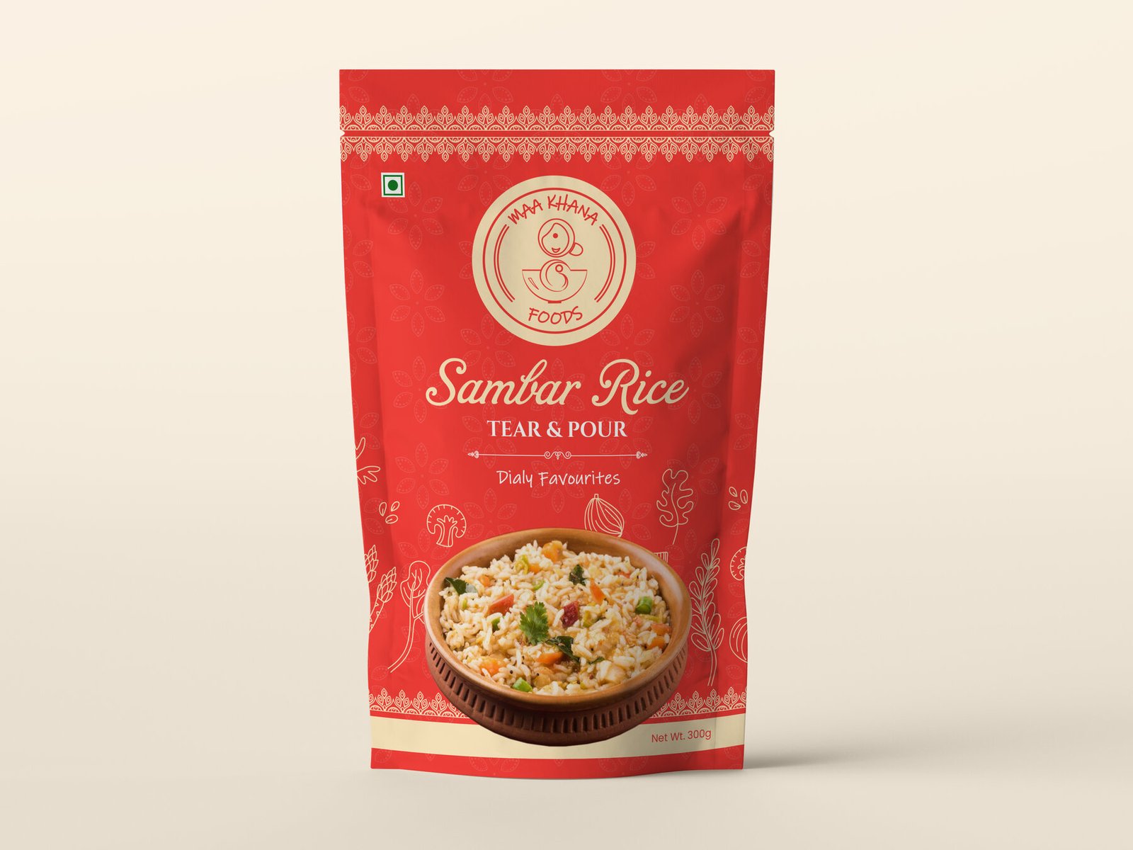 Maa Khana Foods sambar rice pouch in red with cream logo