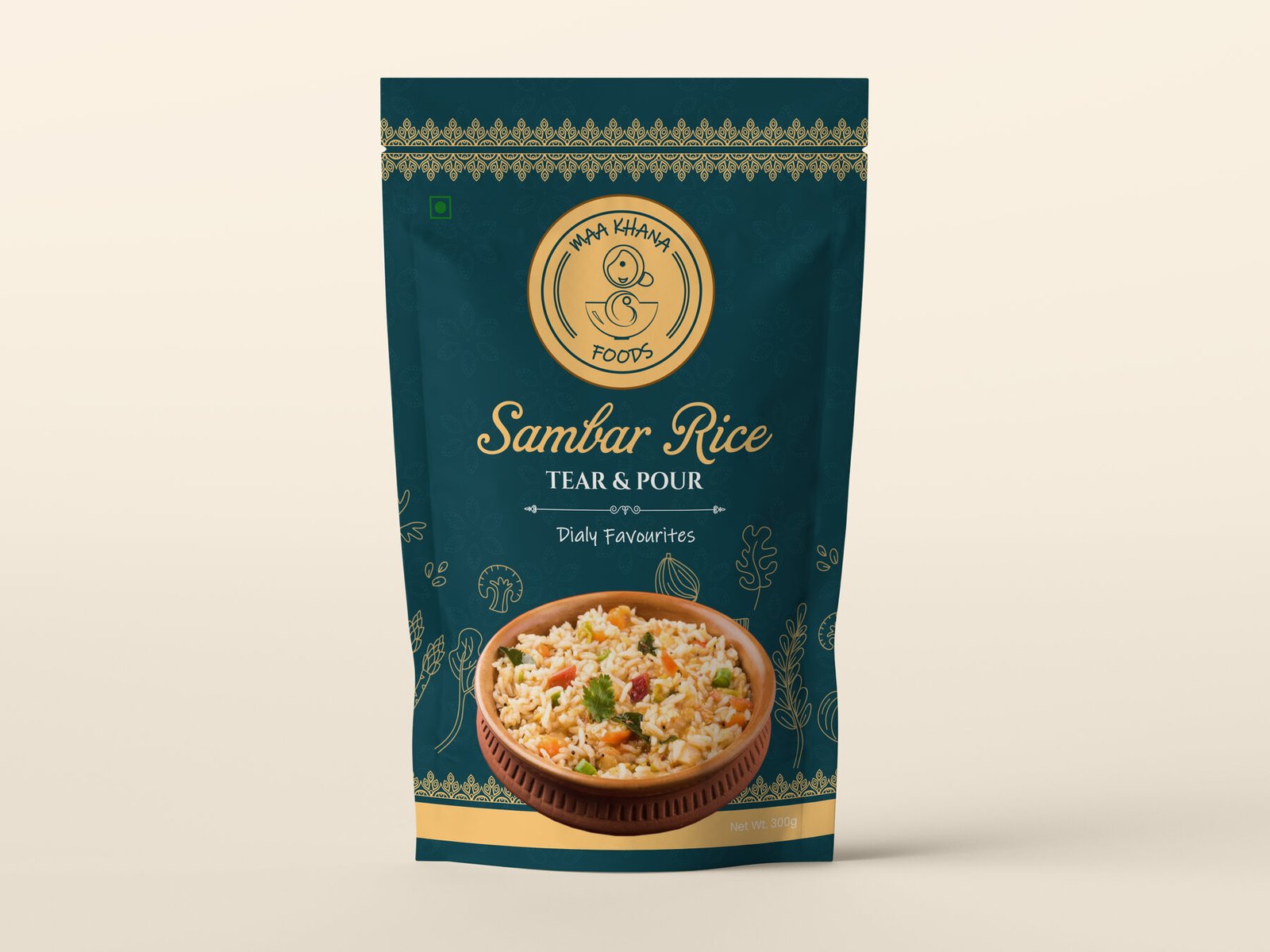 Maa Khana Foods sambar rice pouch in teal with gold accents