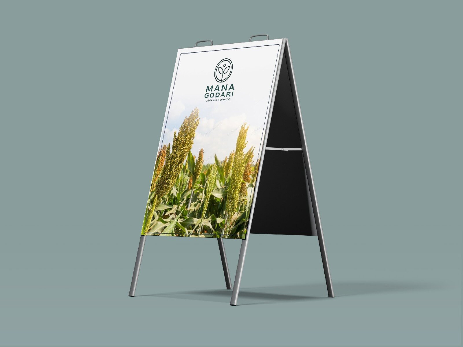 Mana Godari A-frame poster stand with a millet field