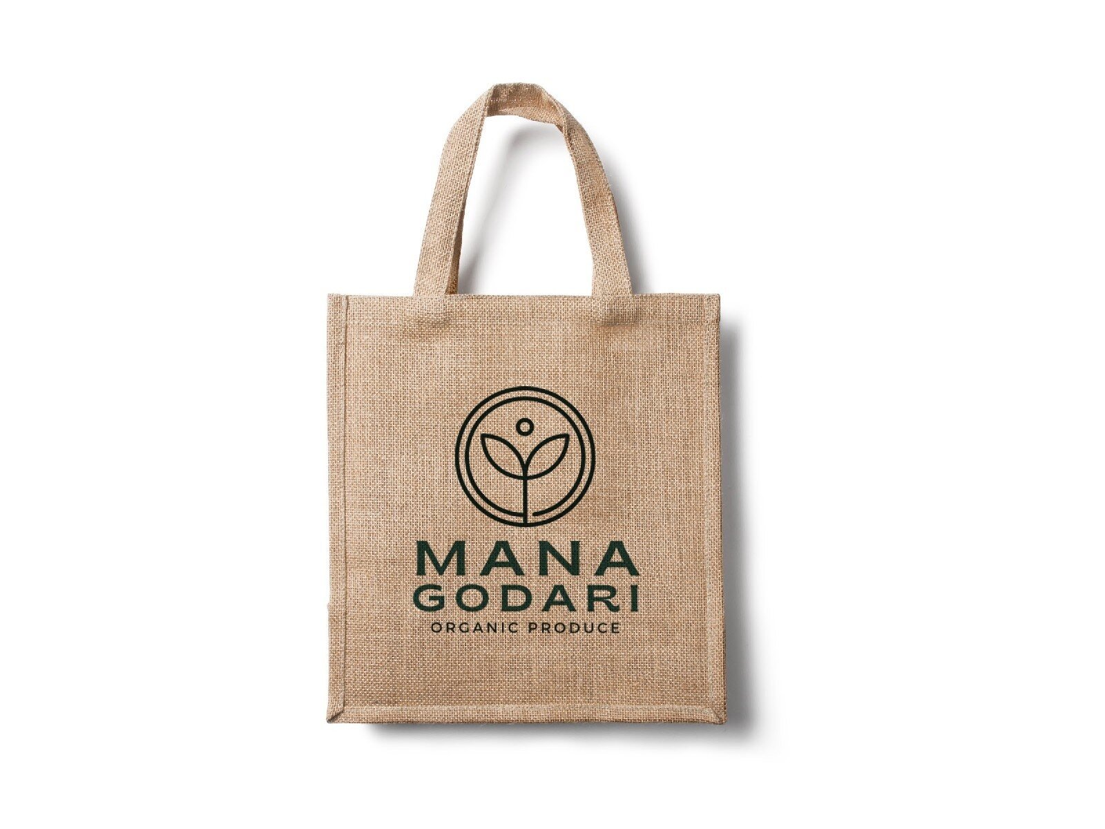 Jute shopping bag printed with the Mana Godari logo