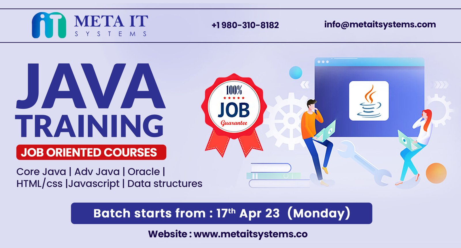 Meta IT Systems Java training job oriented courses banner, batch starts 17 April