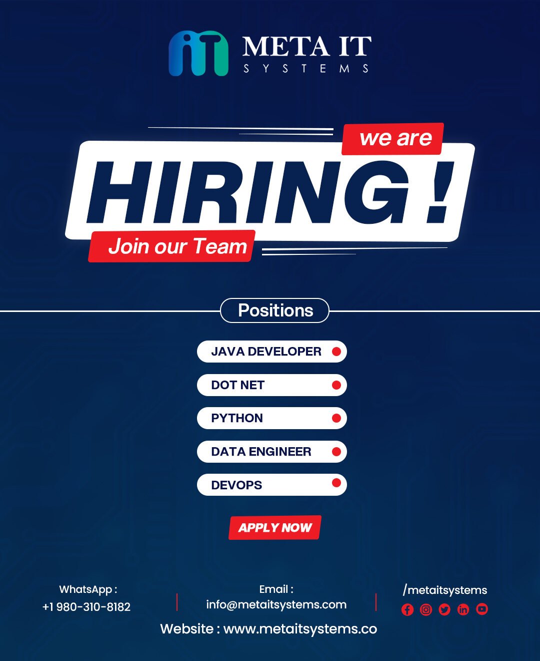 Meta IT Systems we are hiring post for Java, .NET, Python, data engineer and DevOps roles