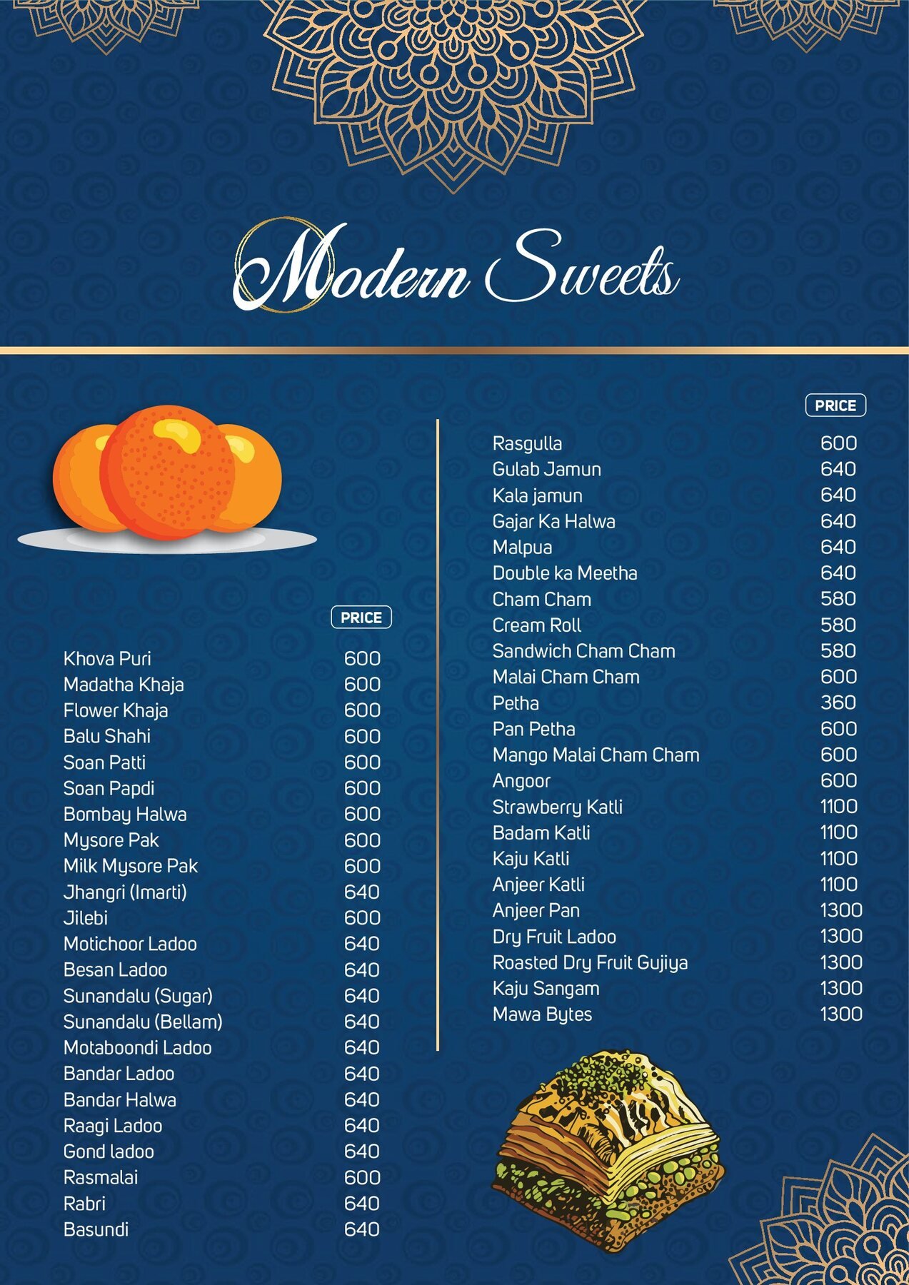 Modern Sweets menu page listing khova puri, kaju katli, rasgulla and other sweet prices