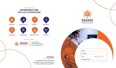Orange Hospitals CT scan report cover artwork with patient details panel