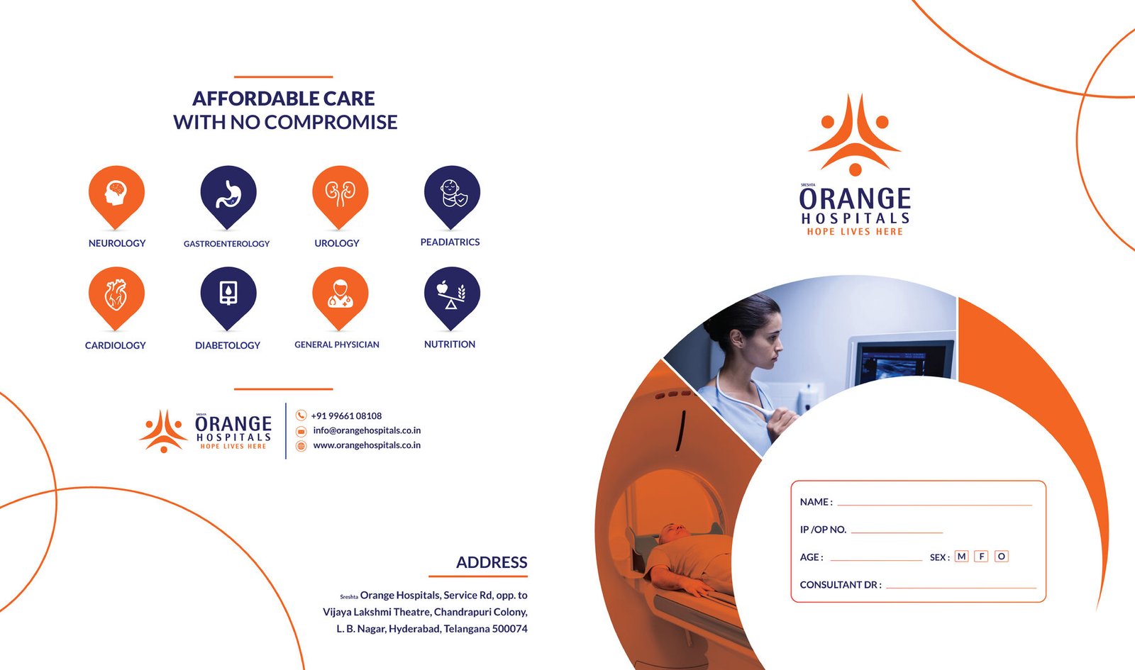 Orange Hospitals CT scan report cover artwork with patient details panel