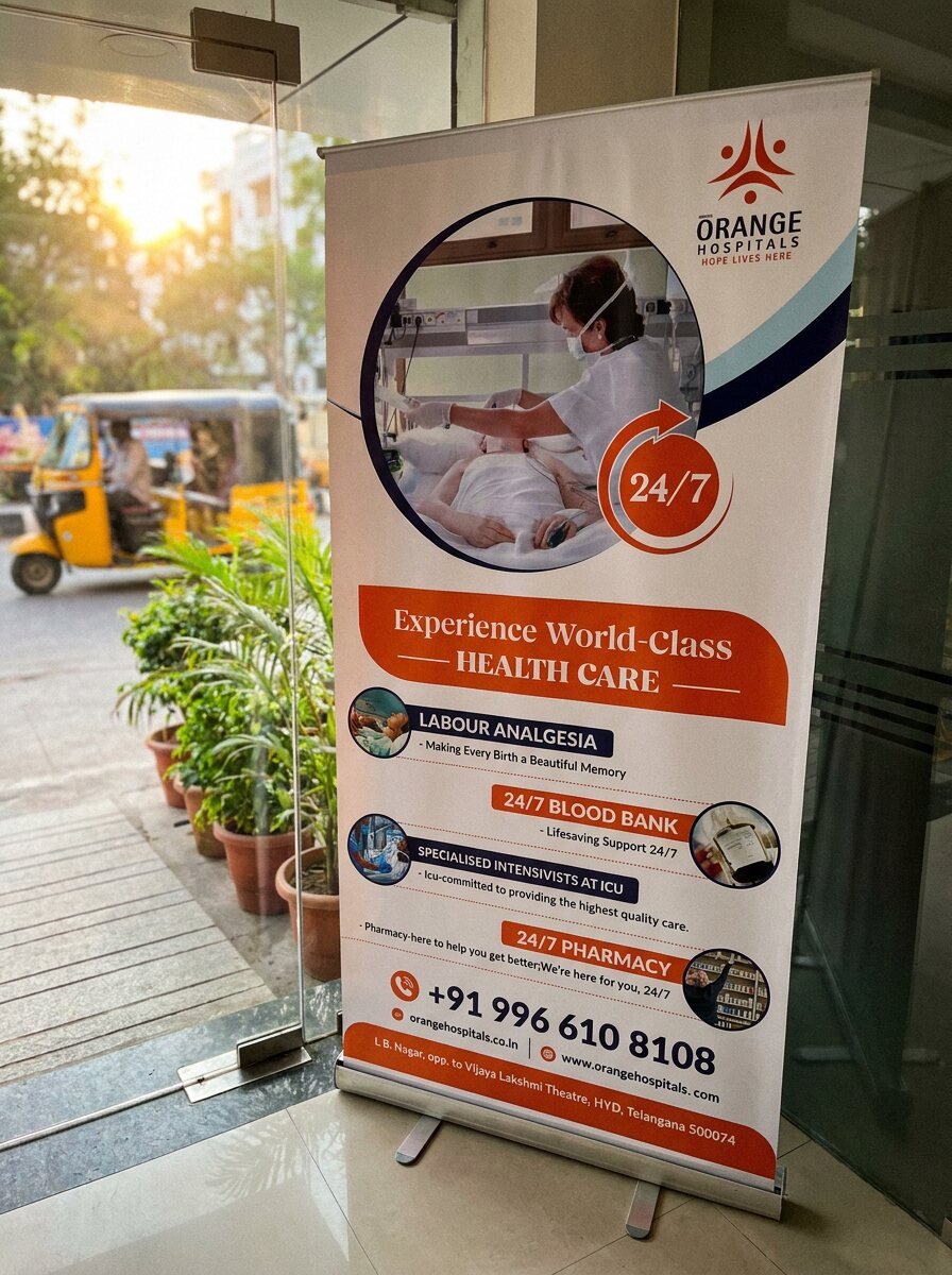 Orange Hospitals facilities standee at the glass entrance with an auto-rickshaw outside, photo mockup