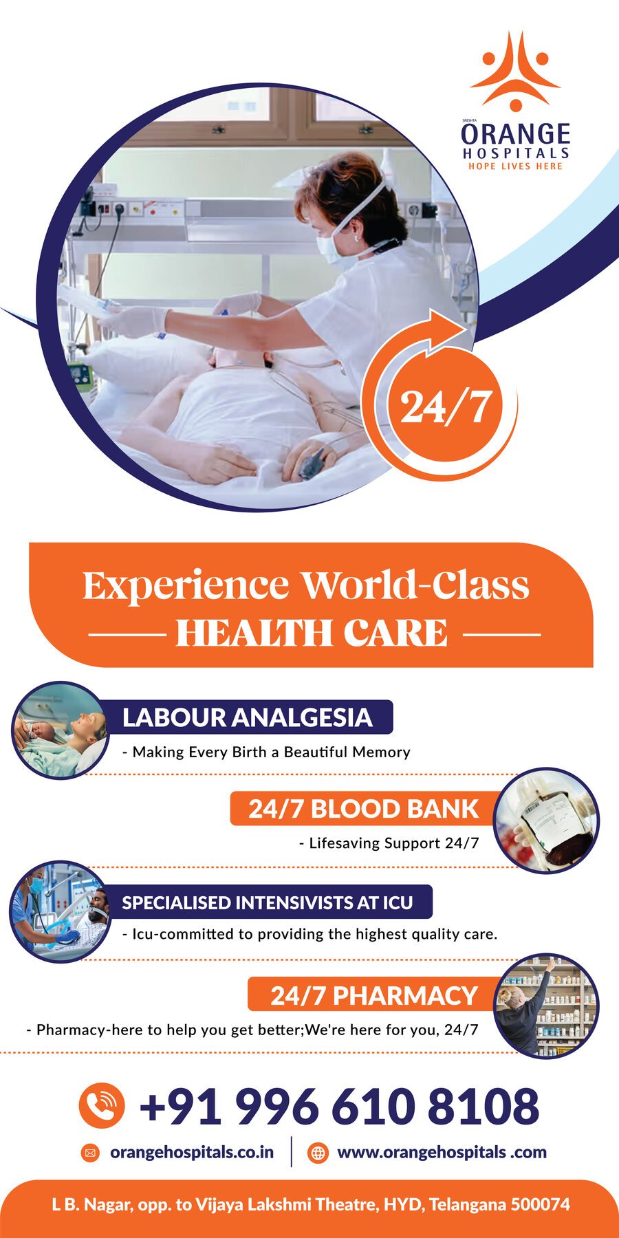 Orange Hospitals facilities standee with labour analgesia, blood bank, ICU and 24/7 pharmacy