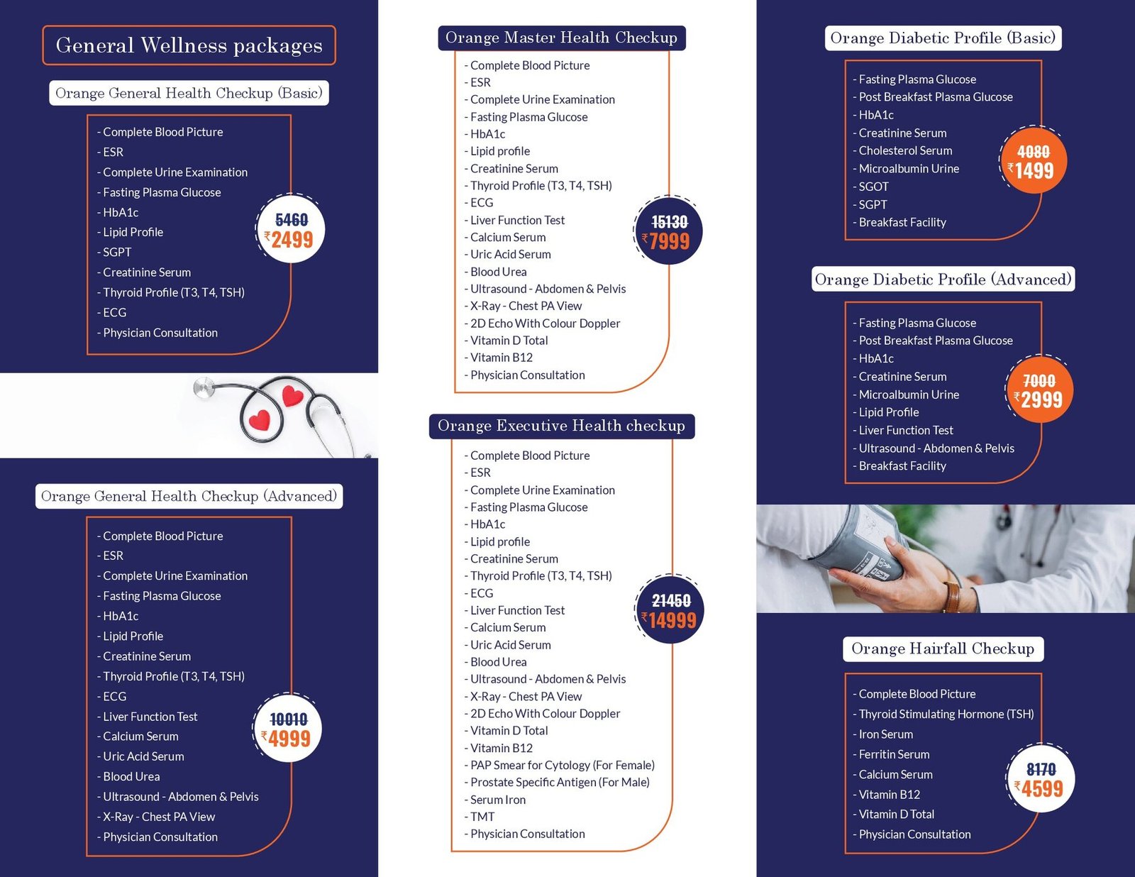 Orange Hospitals health check package leaflet listing wellness, master, executive and diabetic profiles with prices