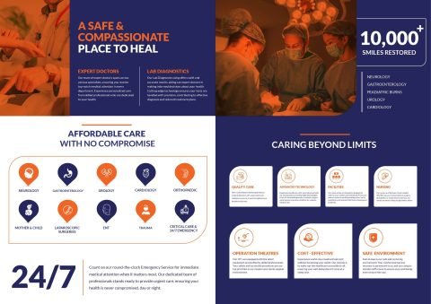 Orange Hospitals brochure inside spread with departments, 24/7 care and facilities
