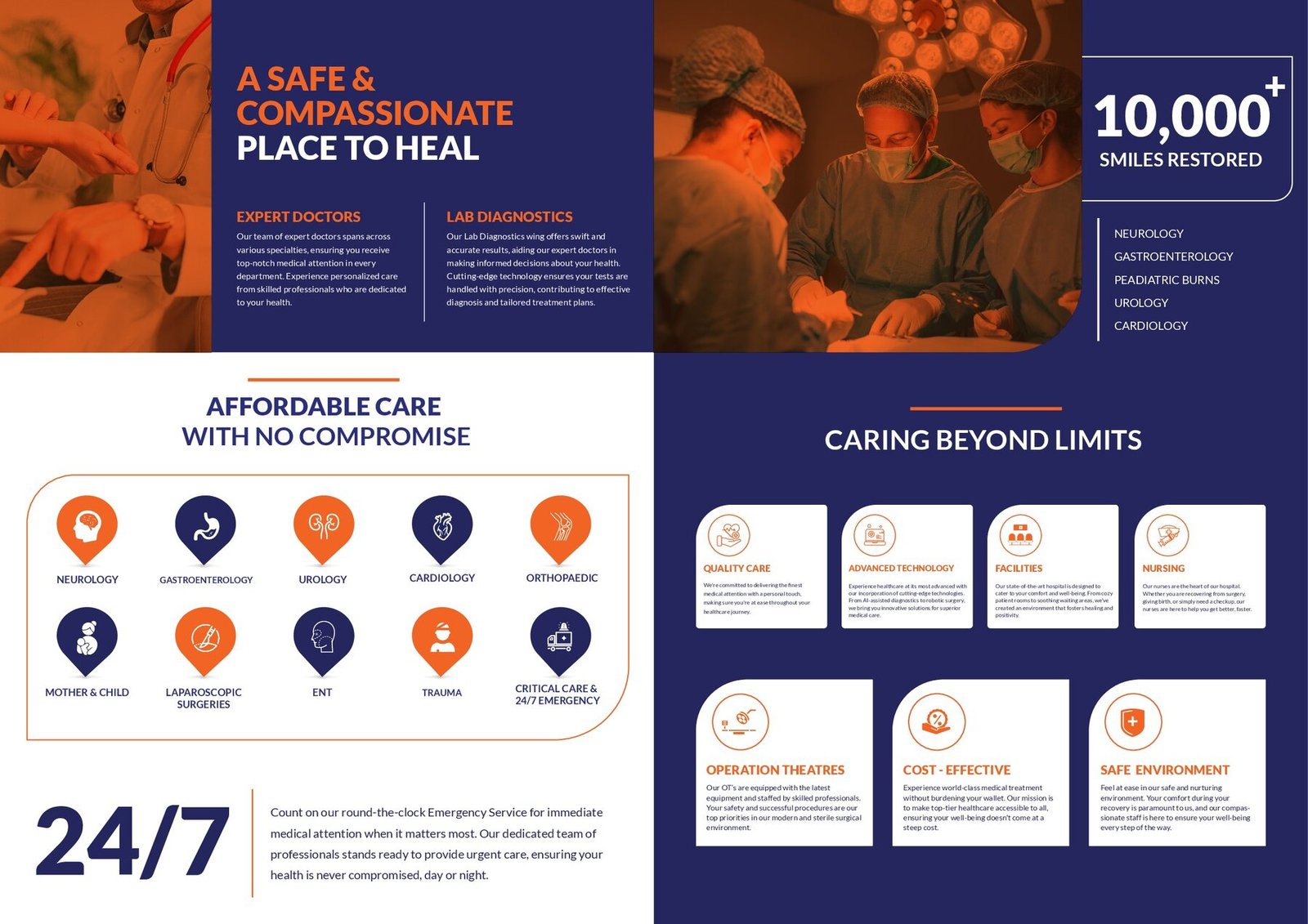 Orange Hospitals brochure inside spread with departments, 24/7 care and facilities