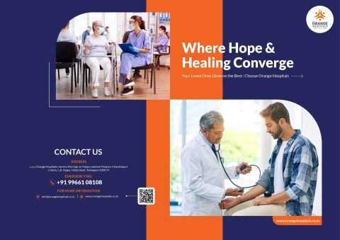 Orange Hospitals brochure cover, Where hope and healing converge, with doctor checking a patient