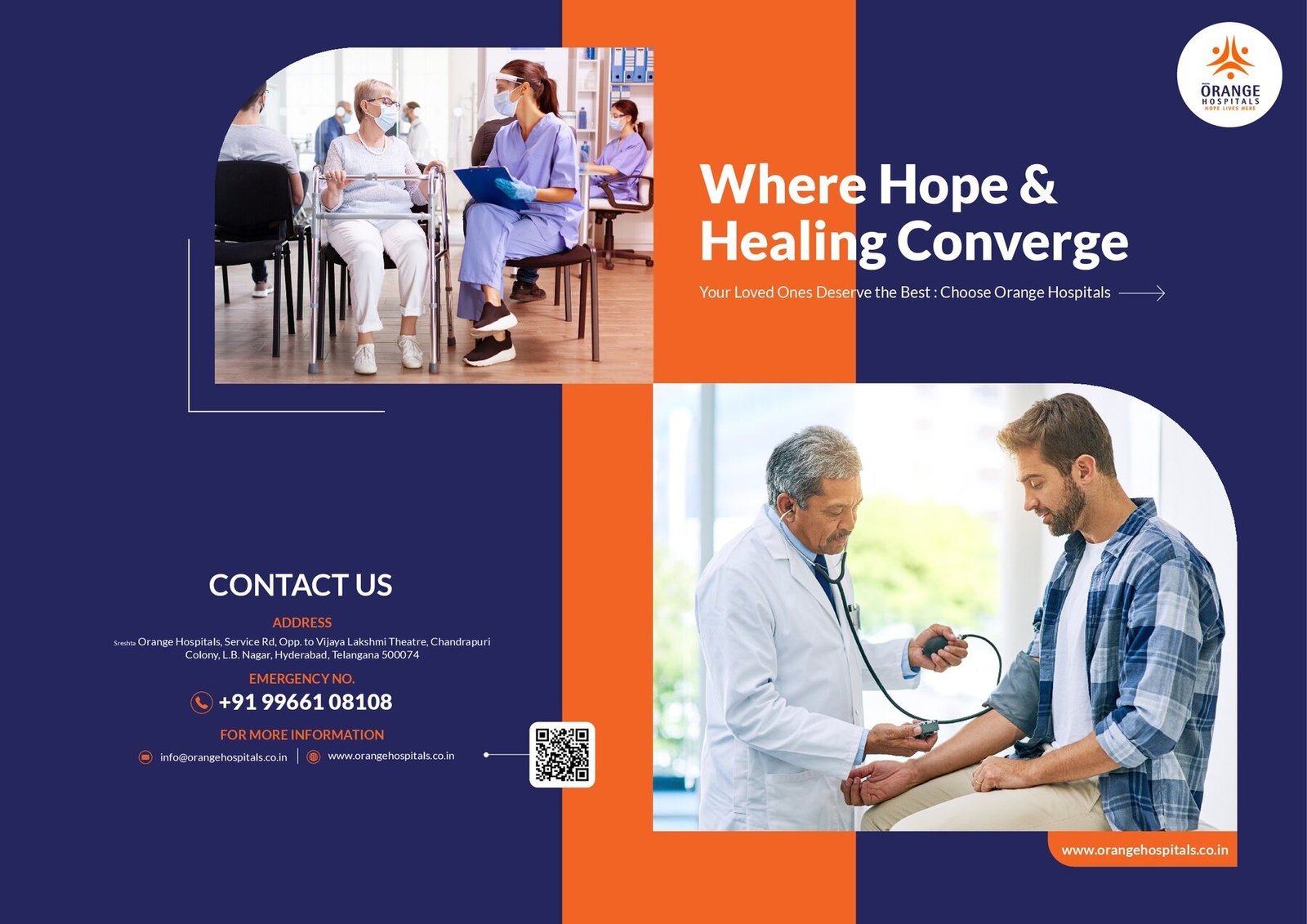 Orange Hospitals brochure cover, Where hope and healing converge, with doctor checking a patient