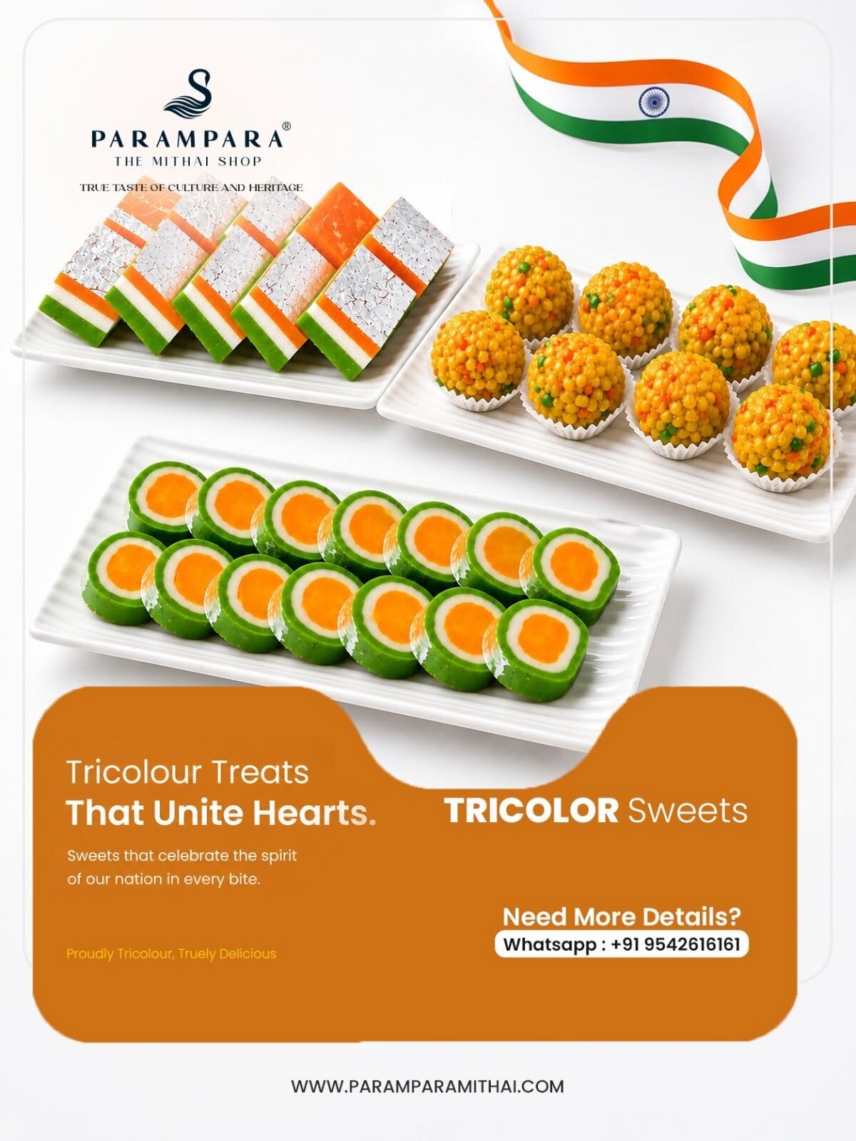Parampara Independence Day post with tricolour barfi and laddoos, tricolour treats that unite hearts