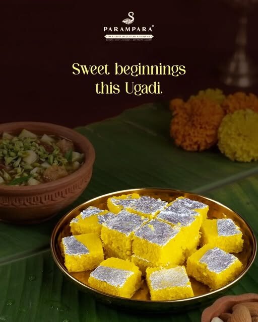 Parampara Ugadi post with kaju barfi on a brass plate and banana leaf, sweet beginnings this Ugadi