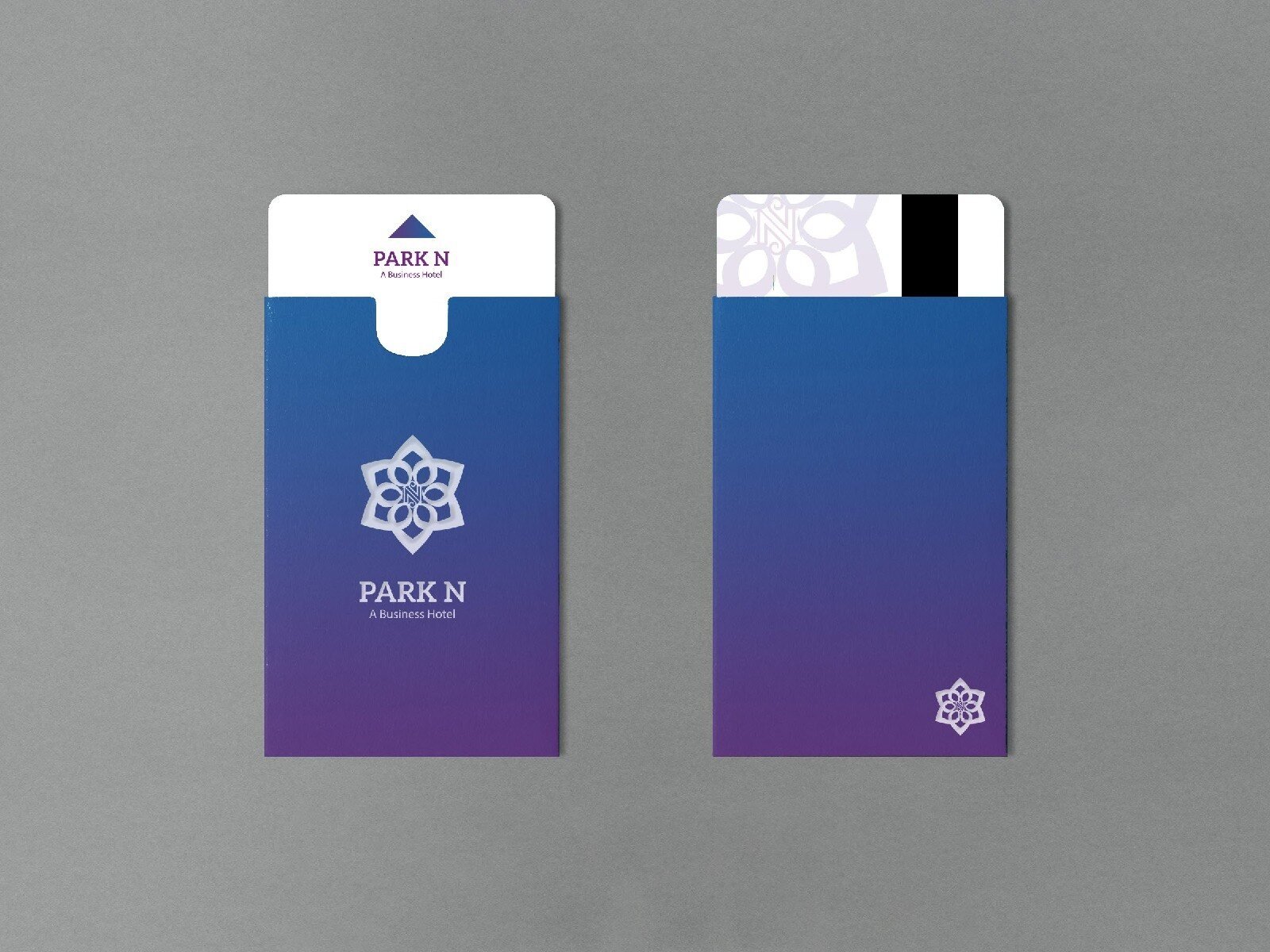 Park N hotel room key card holders in blue and violet gradient