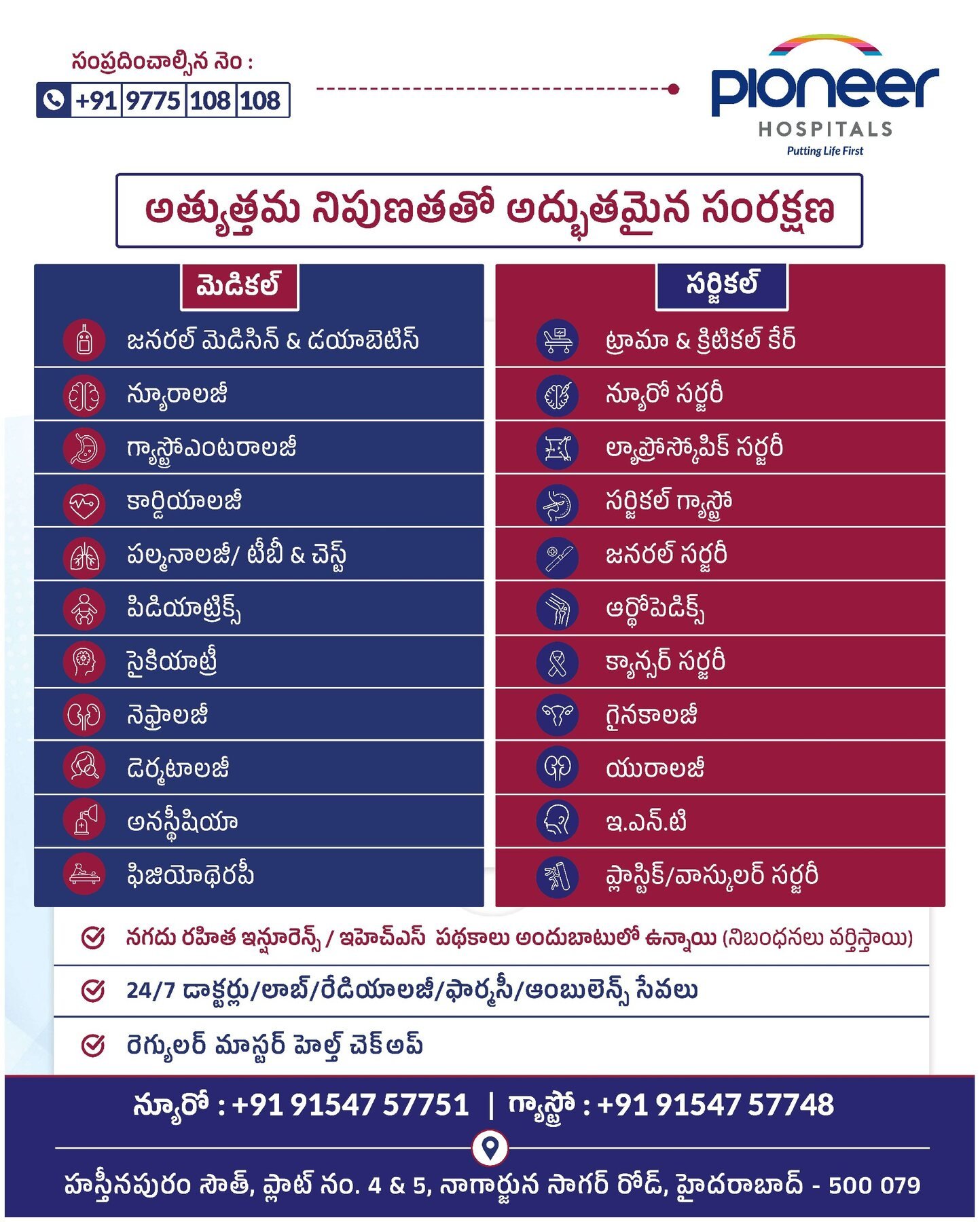 Pioneer Hospitals all services display board in Telugu