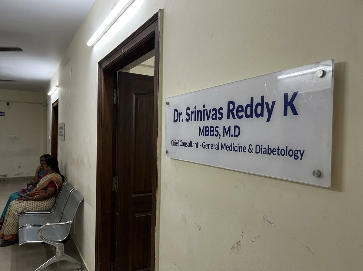 Pioneer Hospitals acrylic doctor nameplate for Dr. Srinivas Reddy K beside a consultation room door, photo mockup