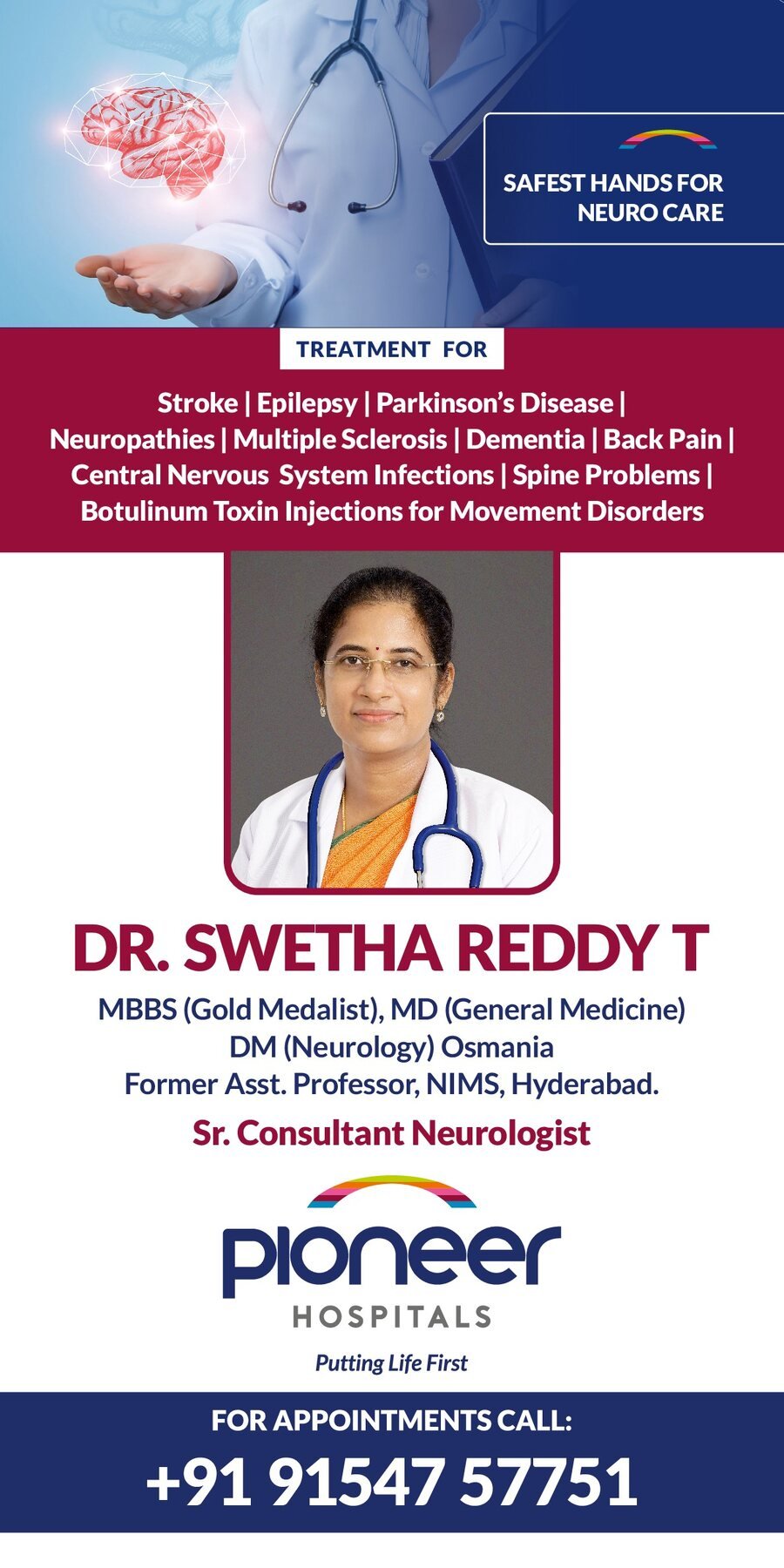 Pioneer Hospitals neuro care standee featuring Dr. Swetha Reddy T, senior consultant neurologist