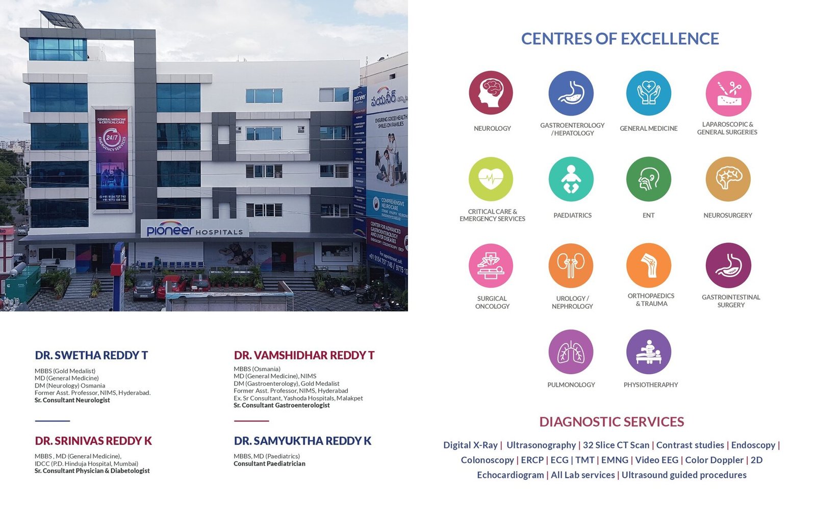 Pioneer Hospitals file folder inside with hospital building, doctors and centres of excellence