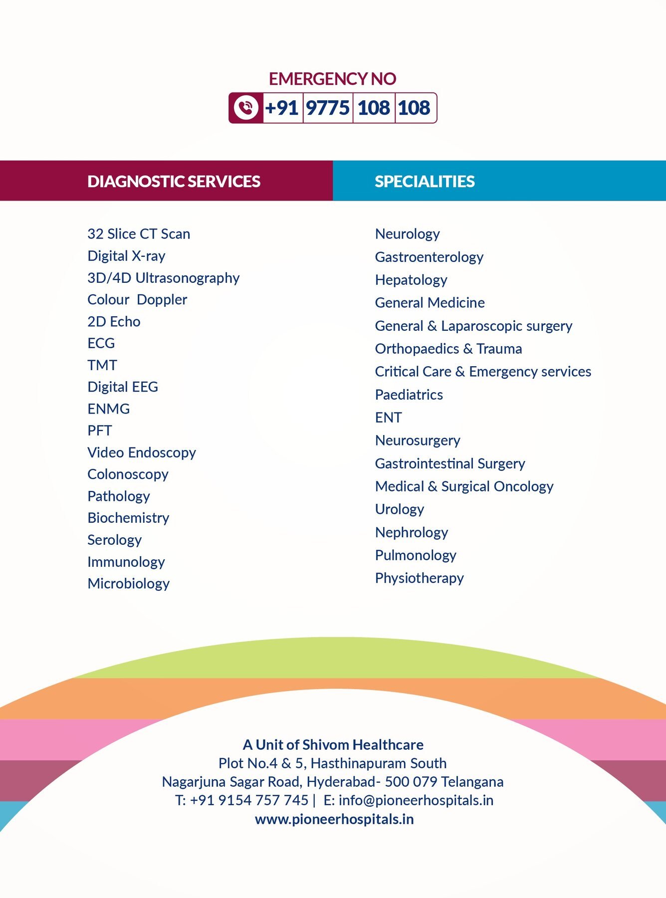 Pioneer Hospitals X-ray cover back listing diagnostic services and specialities