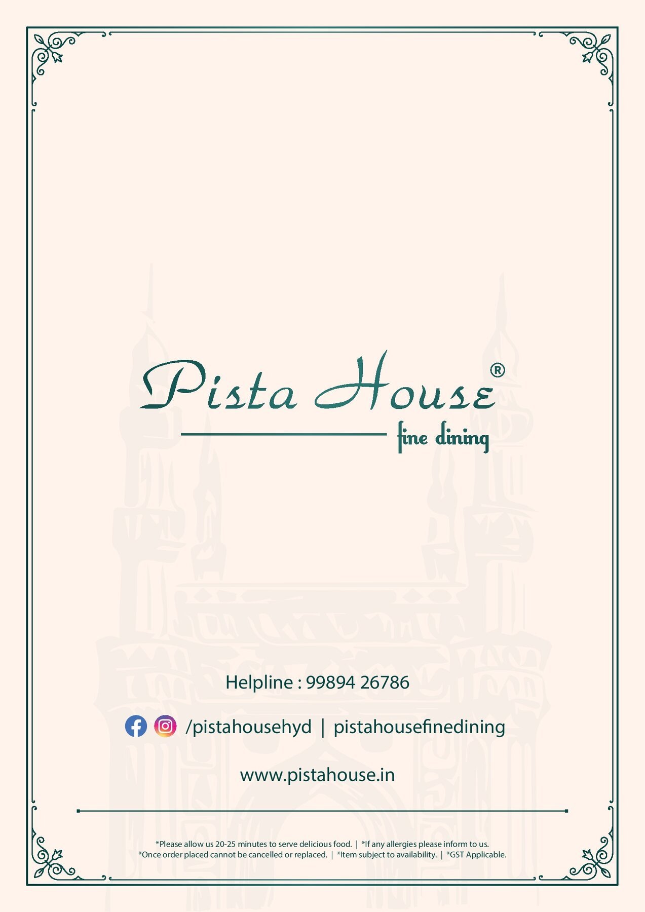 Pista House menu back cover with helpline and social handles