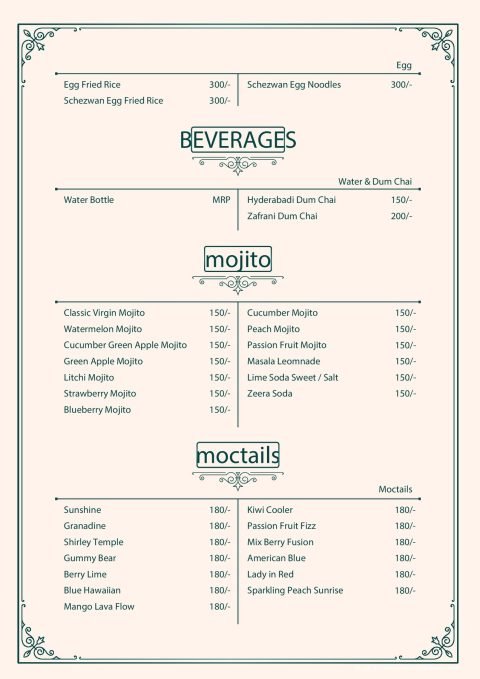Pista House beverages, mojito and mocktails menu page