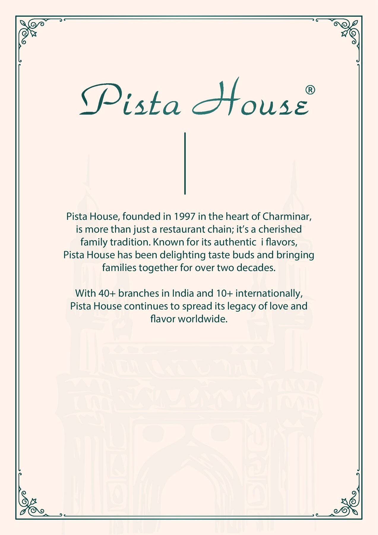 Pista House menu brand story page, founded in 1997 near Charminar