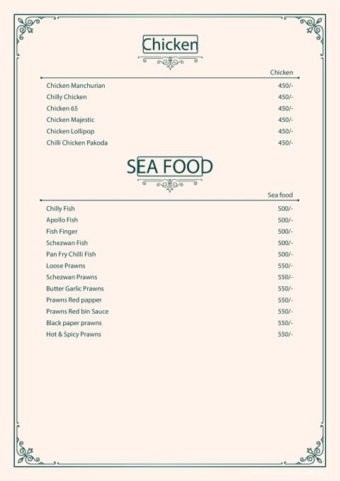 Pista House Chinese chicken and sea food menu page